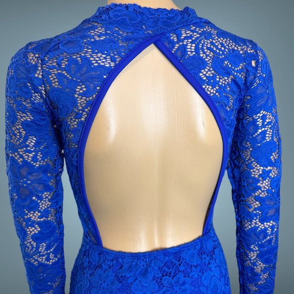 Carol Catugy Full Lace Bodycon Dress Medium Blue Backless Bow High Neck Stretch - Picture 5 of 15